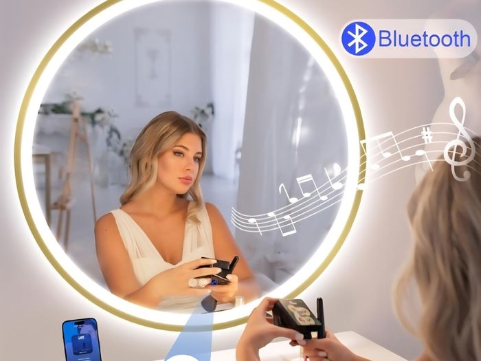 LED Bathroom Mirror Gold 80cm Bluetooth Demister Bright Light Makeup Cosmetic 3 Color Temperature