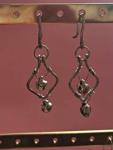 Stainless Steel Earrings with Bells, Handmade Wire Art, Geometric Dangles