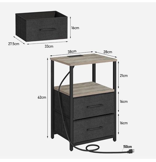 Bedside Table with Charging Station, Side Table with 2 USB Ports and Outlets, Nightstand with Cloth Drawer, Set of 2, End Table, Greige