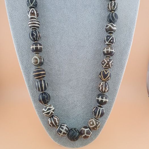 Burmese Antique Pumtek Pyu Petrified Wood Stone Beads Necklace 24 Inches