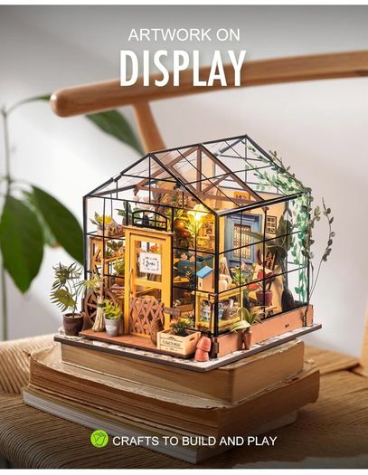 Greenhouse, DIY Miniature House Kits, Cathy's Flower House Advanced Level, 7.5 Hours, Wooden Dollhouse, Glue Free, Stress Relief Handmade Craft Kits, Birthday Gift for Women