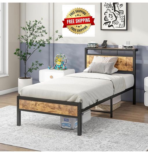 3ft Single Bed Frame with Wooden Storage Headboard, Black Metal Platform, No Box Spring Needed, Noise Free, Reinforced Strong Support Leg,Easy Assembly