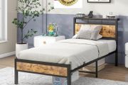 3ft Single Bed Frame with Wooden Storage Headboard, Black Metal Platform, No Box Spring Needed, Noise Free, Reinforced Strong Support Leg,Easy Assembly