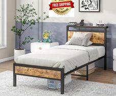 3ft Single Bed Frame with Wooden Storage Headboard, Black Metal Platform, No Box Spring Needed, Noise Free, Reinforced Strong Support Leg,Easy Assembly