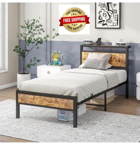 3ft Single Bed Frame with Wooden Storage Headboard, Black Metal Platform, No Box Spring Needed, Noise Free, Reinforced Strong Support Leg,Easy Assembly
