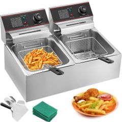 Double Deep Fat Fryer Large 5000W Commercial Deep Fat Fryer Dual Adjustable Temperature Control Twin Chip Fryer Food Grade Stainless Steel Deep Fryer Easy Clean with Dual Basket & Lid