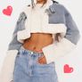 Pretty Little Thing Blue Cream Denim Sherpa Borg Aviator Cropped Jacket 8UK/36EU Image 4