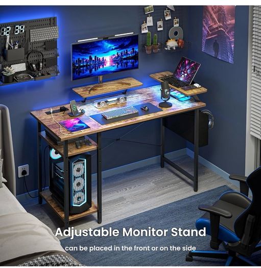 Gaming Desk with LED Lights & Power Outlets, Reversible