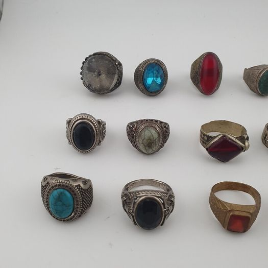 Antique Style Ring Collection 15 Mixed Brass, Glass & Stone Rings