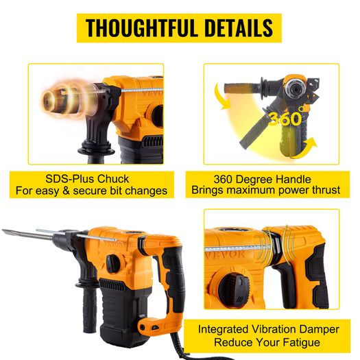 1050W Rotary Hammer Drill Max Drilling 26mm SDS Plus Demolition Jackhammer Breaker 4in1 Electric Wood Concrete Perforator