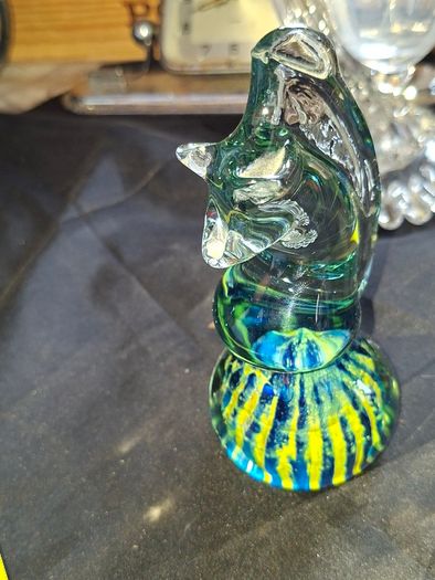 Beautiful Old Mdina Glass Seahorse Paperweight from Malta, featuring a blue and yellow swirled base, Postage Available or Collection