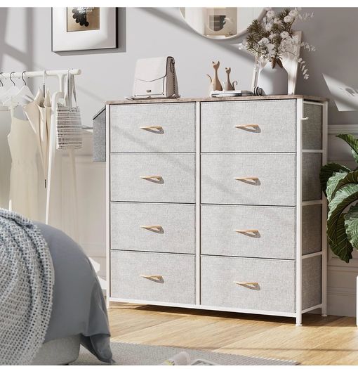 Fabric Chest of Drawers - Canvas Storage Unit with 8 Large Drawers Label Cards, Side Pocket & Hook for Living Room, Hallway, Bedroom