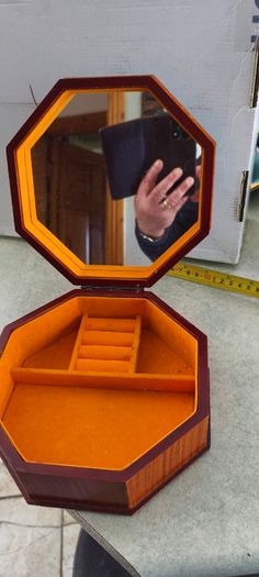 Vintage Octagonal Wood Jewelry Box: Lether Inlay, Mirrored Storage