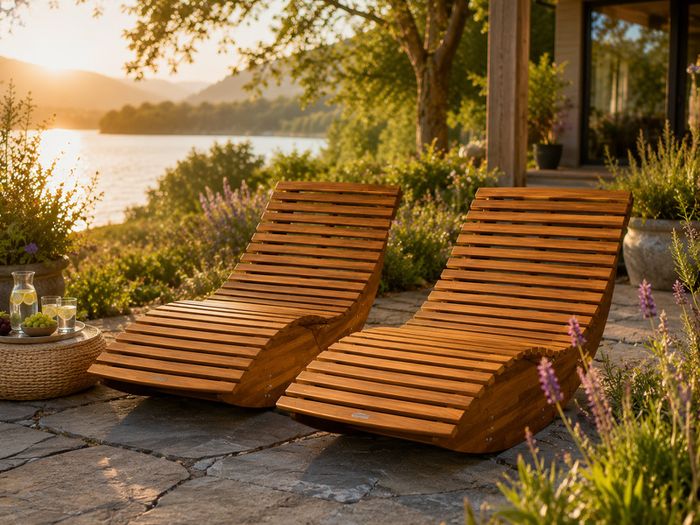 Set of 2 Acacia Wood Rocking Garden Loungers FSC Certified Ergonomic Relaxation Chairs