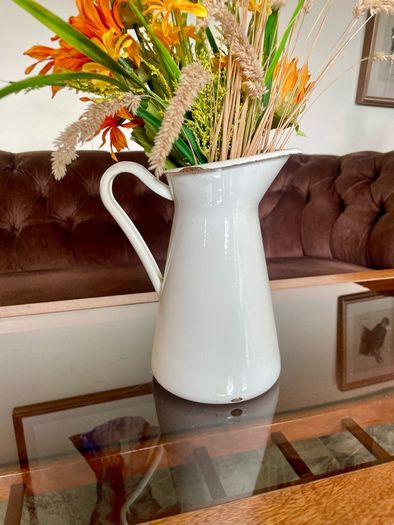 Vintage Shabby Chic Antique White Enamel Jug Vase