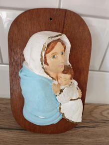 Beautiful Mother Mary + Jesus Vintage Relief Pic