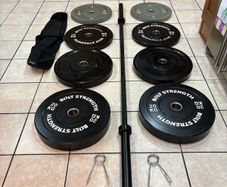20kg Olympic Barbell, 100kg Olympic Bumper Weight Pllates Set, Collars + Back Support Belt!!