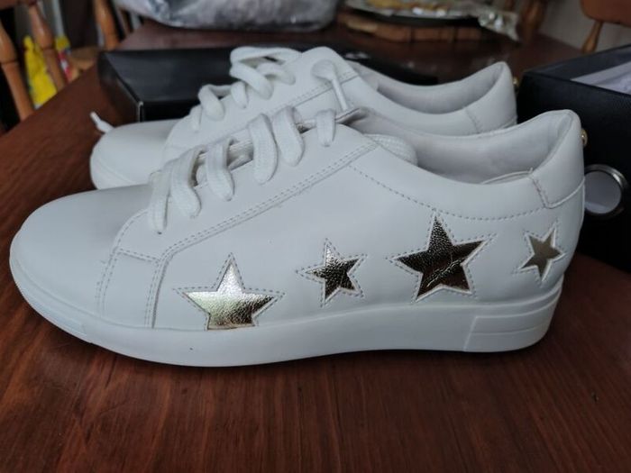 Dune London white multi star lace up trainers, size uk4/eu37