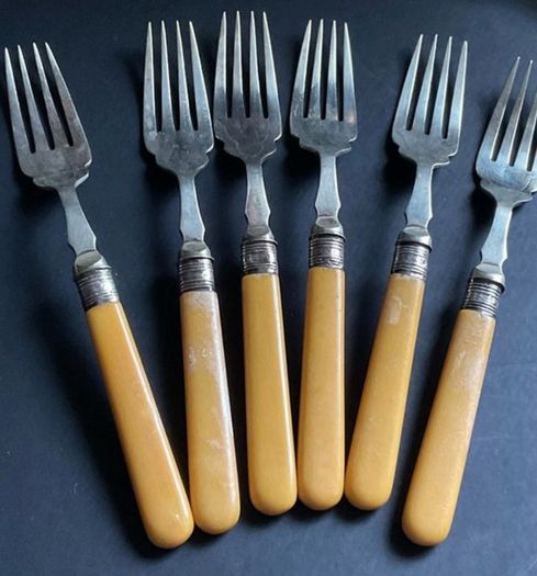 Antique 1907 Sheffield Sterling Silver & Bone-Style Dessert Forks (Set of 6)