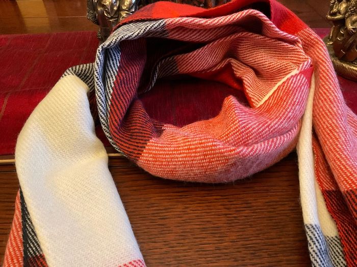 New warm and cosy scarf in shades of rust ,cream black and burnt orange