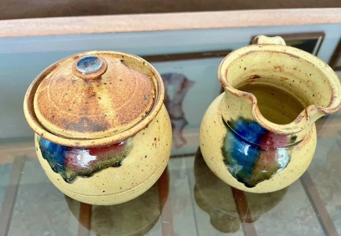 Vintage Stoneware Creamer or Small Jug & Lidded Sugar Bowl made by Badger Hill Pottery