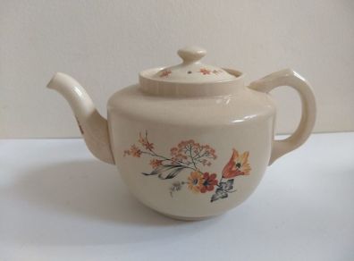 Charming Carrig Ware Cream-Earthenware Clay Teapot with An Autumnal Mixed Floral Motif - Pattern Number 1180, Circa 1930 -1950