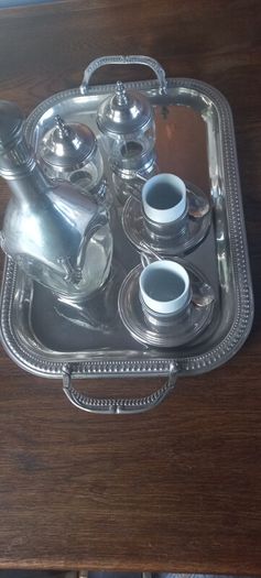 Antique stainless steel and glass French coffee set with tray
