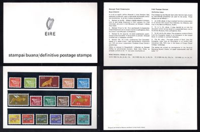 1968-9 Ireland Gerl Definitive Presentation Pack containing a completed mint never hinged (MNH) set of the first Gerl Definitive Stamps