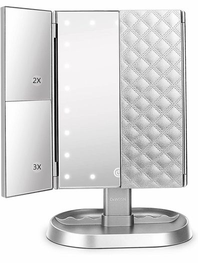 Makeup Mirror, Lighted Vanity Mirror with 1x/2x/3x Magnification, 21 LED Portable Trifold Mirror Touch Screen Dimming Dual Power, Illuminated Cosmetic Mirror for Countertop (MULTIPLE COLOURS)