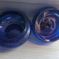 VINTAGE Round Blue Glass Trinket Jar with Lid