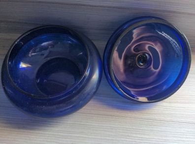 VINTAGE Round Blue Glass Trinket Jar with Lid