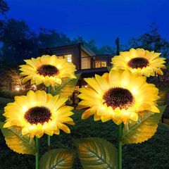 Set of 4 Solar Sunflower Lights, Outdoor Garden Decorative Artificial Flowers Stake Lights, Light up Gardening Ornaments for Lawn Patio Pathway Memorial Cemetery Grave Bush Yard Decorations
