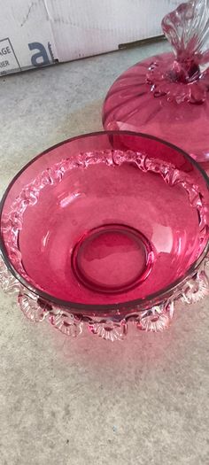Antique Art Glass Cranberry Red Ruffled Lidded Candy Dish