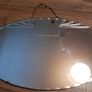 Vintage Art Deco Mirror. Scalloped bevelled edge frameless round wall mirror. Ready to hang on original visible chain. 25" x 15" Image 8
