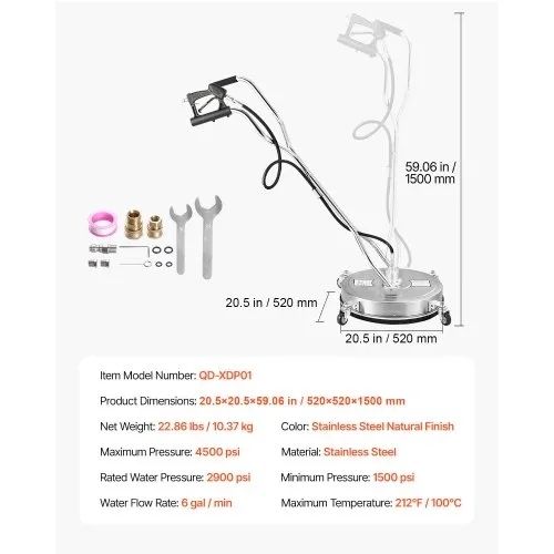 20" Pressure Washer Surface Cleaner, Stainless Steel Pressure Washer Attachments with 4 Wheels, 4500 Max PSI, 3/8 Quick Connector, 2 Spray Nozzles