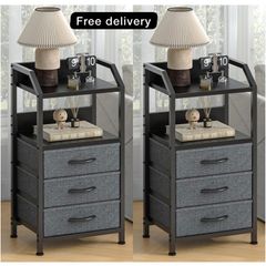 Bedside Table with 3 Fabric Drawers and Open Shelf