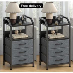Bedside Table with 3 Fabric Drawers and Open Shelf