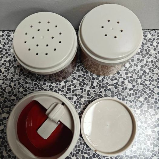 Retro Tupperware Salt Pepper Mustard 3 x stackable containers from 1970s or 80s retro kitchenware