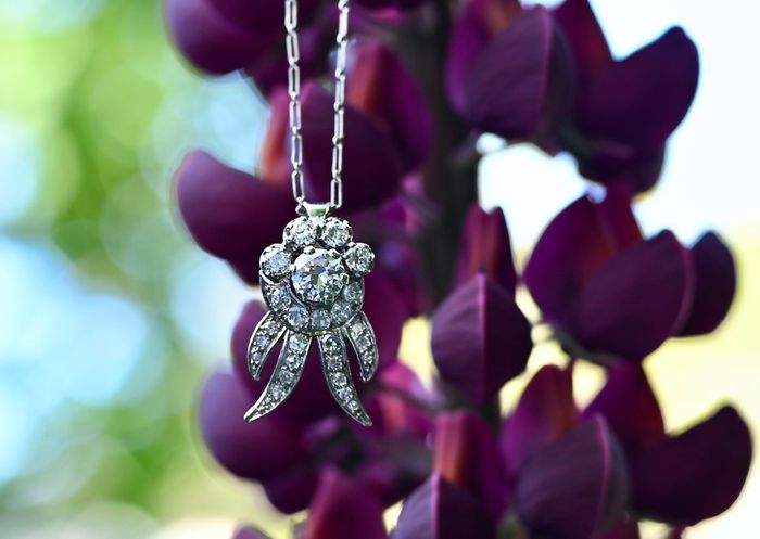 Antique Art Deco Diamond Cluster Pendant Necklace - Platinum