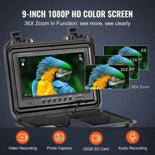 Sewer Camera, 165 ft/50m, Self-Leveling Pipeline Inspection Camera with 9" 1080P HD Screen, 36X Zoom, IP68 Waterproof Plumbing Camera with Lights-12 LED