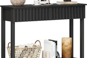 Narrow Fluted Console Table with 2 Drawers and Open Shelf Modern Painted Wood Sofa Table for Hallway, Living Room or Behind Couch (Black)