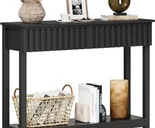 Narrow Fluted Console Table with 2 Drawers and Open Shelf Modern Painted Wood Sofa Table for Hallway, Living Room or Behind Couch (Black)