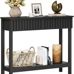 Narrow Fluted Console Table with 2 Drawers and Open Shelf Modern Painted Wood Sofa Table for Hallway, Living Room or Behind Couch (Black)