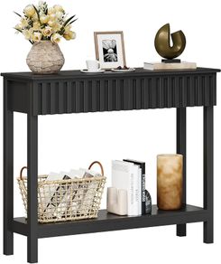 Narrow Fluted Console Table with 2 Drawers and Open Shelf Modern Painted Wood Sofa Table for Hallway, Living Room or Behind Couch (Black)