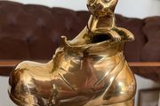 Vintage MCM Solid Brass Small Kitty Cat in a Boot Whimsical Sculpture