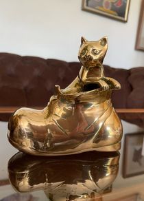 Vintage MCM Solid Brass Small Kitty Cat in a Boot Whimsical Sculpture