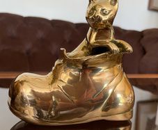 Vintage MCM Solid Brass Small Kitty Cat in a Boot Whimsical Sculpture
