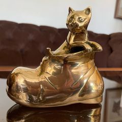 Vintage MCM Solid Brass Small Kitty Cat in a Boot Whimsical Sculpture