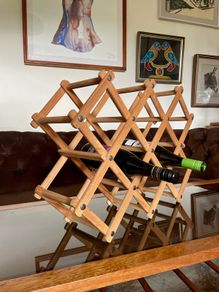 Vintage Wooden Accordion 8 Bottle Wine Rack Brass Rivets Countertop Wood Rustic Cottagecore Old Country Farmhouse