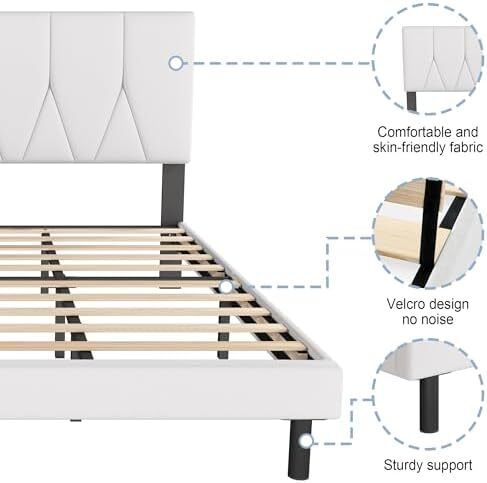 King Bed Frame White Upholstered Wooden Slat Bed Frame with Headboard Easy Assembly Underbed Storage